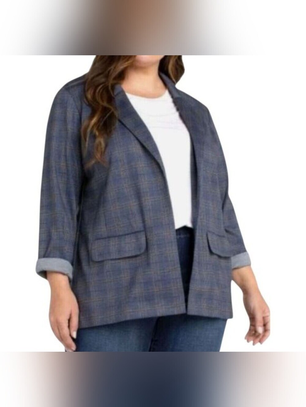 Liverpool Blue Gray Plaid Open-Front Blazer Jacket Size 1x